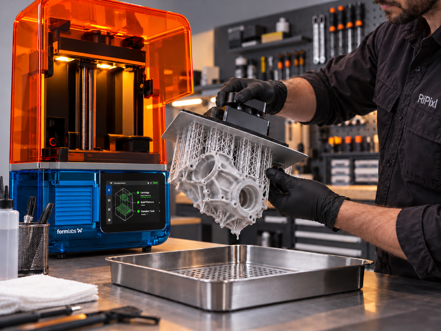 Formlabs Harzdrucker mit frisch gedrucktem Bauteil in der RiPixL Werkstatt